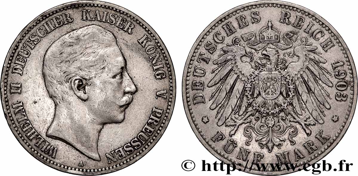 ALLEMAGNE - PRUSSE 5 Mark Guillaume II 1903 Berlin TTB 
