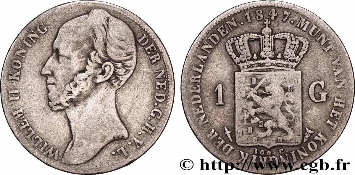 NETHERLANDS 1 Gulden Guillaume II 1847 Utrecht VF 