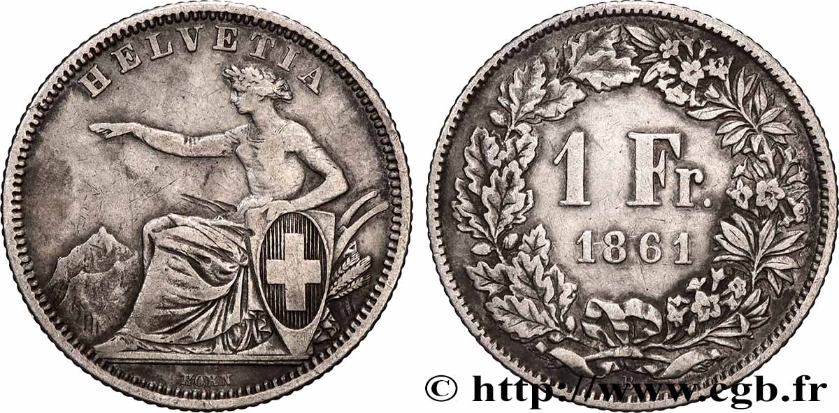 SWITZERLAND 1 Franc Helvetia assise 1861 Berne XF 