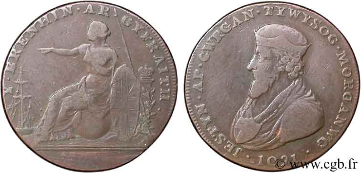 VEREINIGTEN KÖNIGREICH (TOKENS) 1/2 Penny Glamorgan (Glamorshire - Pays de Galles) buste du roi Jestyn Ap Gwrgan / Britannia n.d.  fS 
