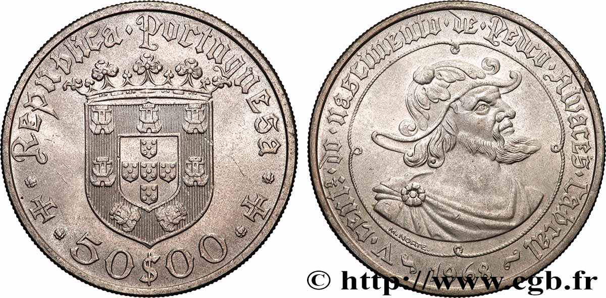 PORTUGAL 50 Escudos 500e anniversaire de la naissance de Pedro Alvares Cabral 1968  AU 