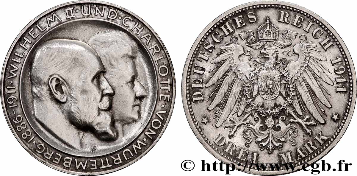 GERMANY - WÜRTTEMBERG 3 Mark Guillaume II et Charlotte 1911 Stuttgart AU 