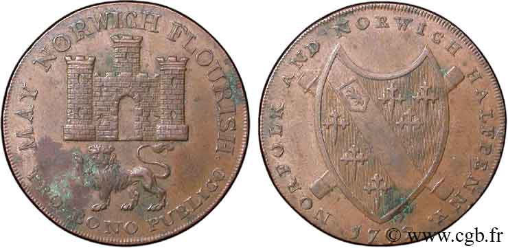 BRITISH TOKENS OR JETTONS 1/2 Penny Norwich (Norfolk) armes de la ville / armes du comté 1792  XF 