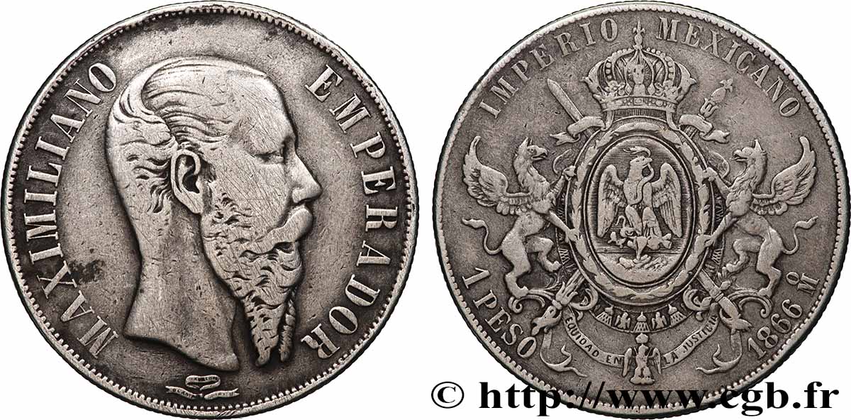 MEXIQUE - MAXIMILIEN Ier 1 Peso Empereur 1866 Mexico BC+ 
