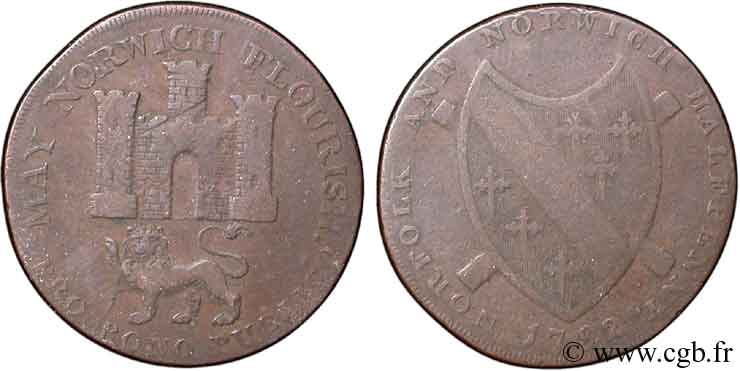 REINO UNIDO (TOKENS) 1/2 Penny Norwich (Norfolk) armes de la ville / armes du comté 1792  RC+ 