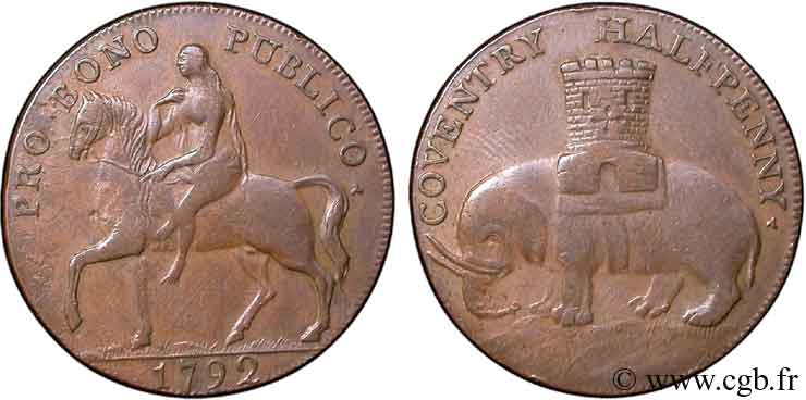ROYAUME-UNI (TOKENS) 1/2 Penny Coventry (Warwickshire) Lady Godiva sur un cheval / tour sur un éléphant 1792  TTB 