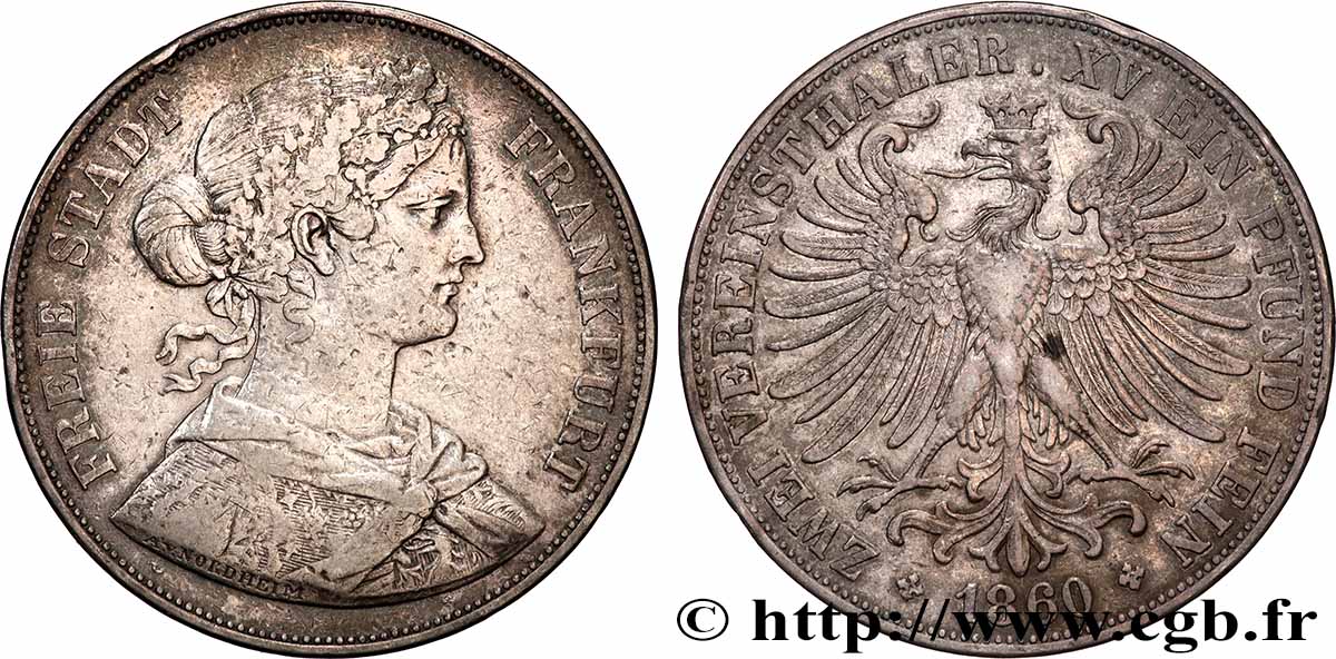 GERMANY - FREE CITY OF FRANKFURT 2 Thaler  1860 Francfort XF 