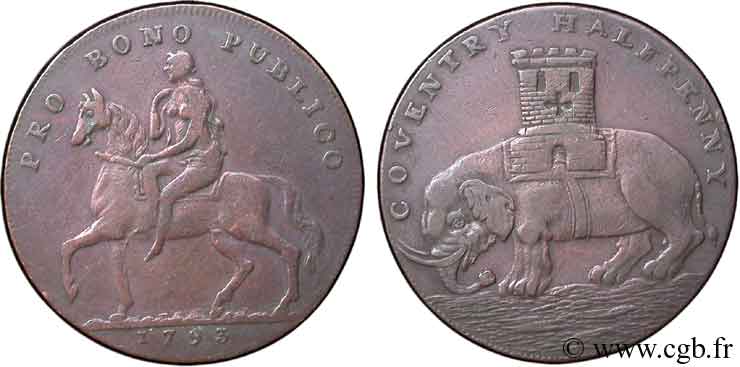 BRITISH TOKENS OR JETTONS 1/2 Penny Coventry (Warwickshire) Lady Godiva sur un cheval / tour sur un éléphant 1792  VF 