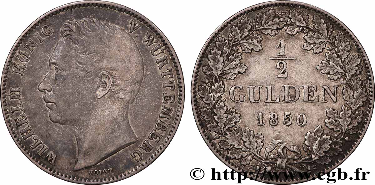 ALLEMAGNE - WURTEMBERG 1/2 Gulden Guillaume Ier 1850 Stuttgart TTB+ 