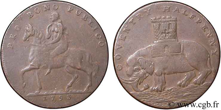 BRITISH TOKENS OR JETTONS 1/2 Penny Coventry (Warwickshire) Lady Godiva sur un cheval / tour sur un éléphant 1792  VF 