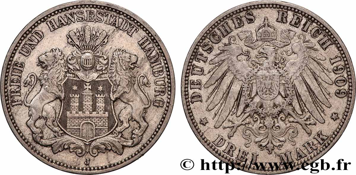 GERMANY - HAMBURG FREE CITY 3 Mark 1909 Hambourg XF 