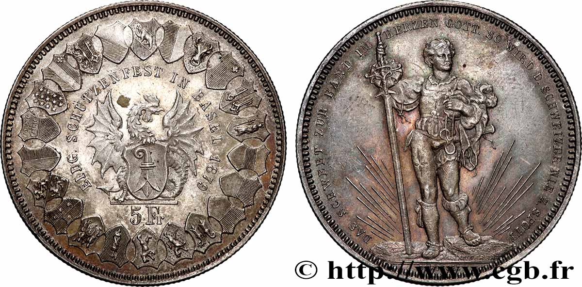 SUISSE 5 Francs, monnaie de Tir, Bâle 1879  TTB+ 