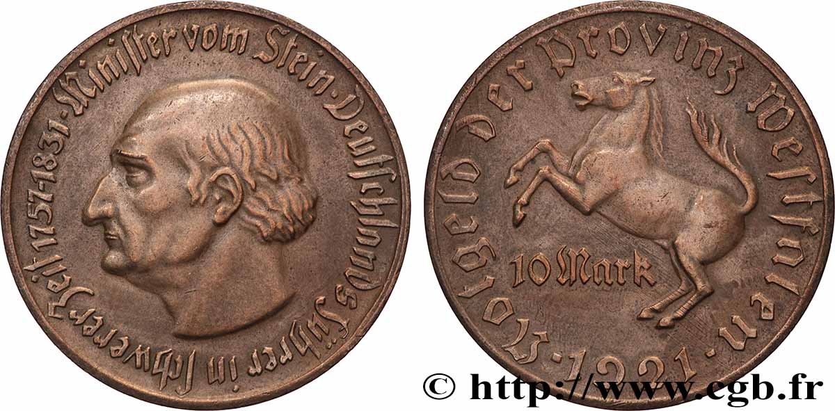 DEUTSCHLAND 10 Mark  Westphalie vom Stein 1921  fVZ 