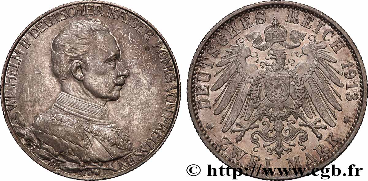 GERMANY - PRUSSIA 2 Mark 25e anniversaire de règne de Guillaume II 1913 Berlin AU 