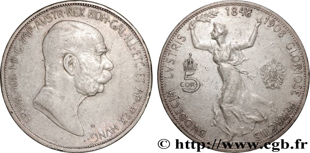 AUSTRIA 5 Corona 60e anniversaire du règne de François-Joseph Ier  1908  XF 