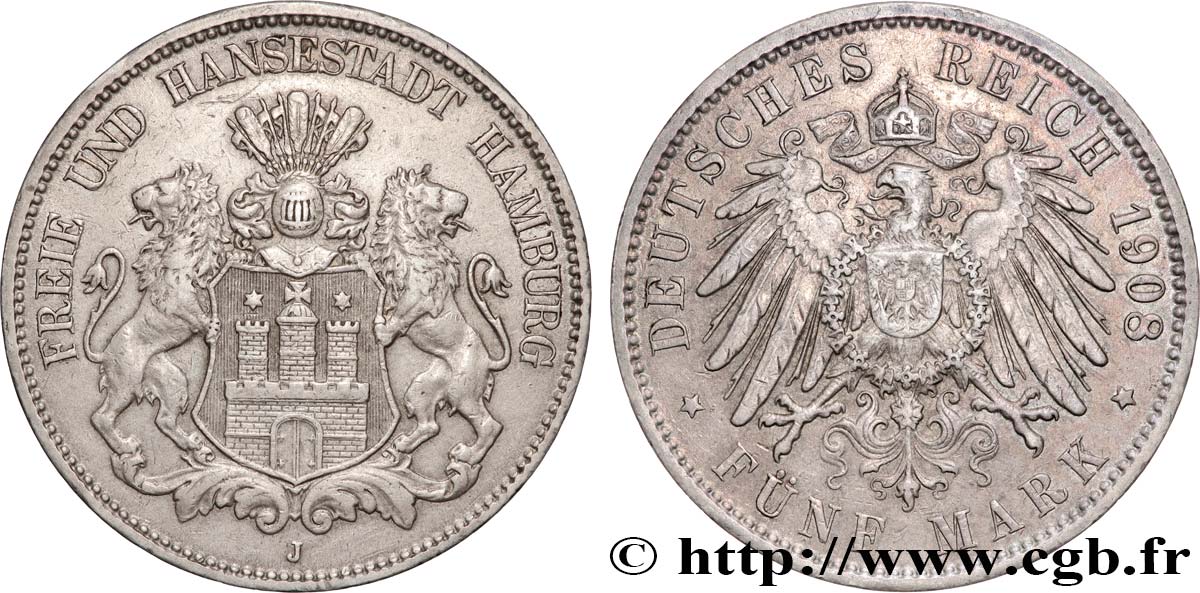 GERMANY - HAMBURG FREE CITY 5 Mark 1908 Hambourg AU 