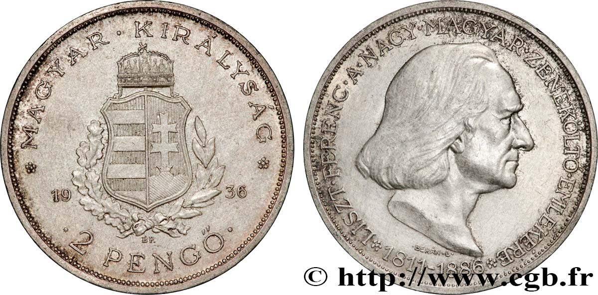 HONGRIE 2 Pengo 50e anniversaire de la mort de Franz von Listz 1936 Budapest TTB+ 