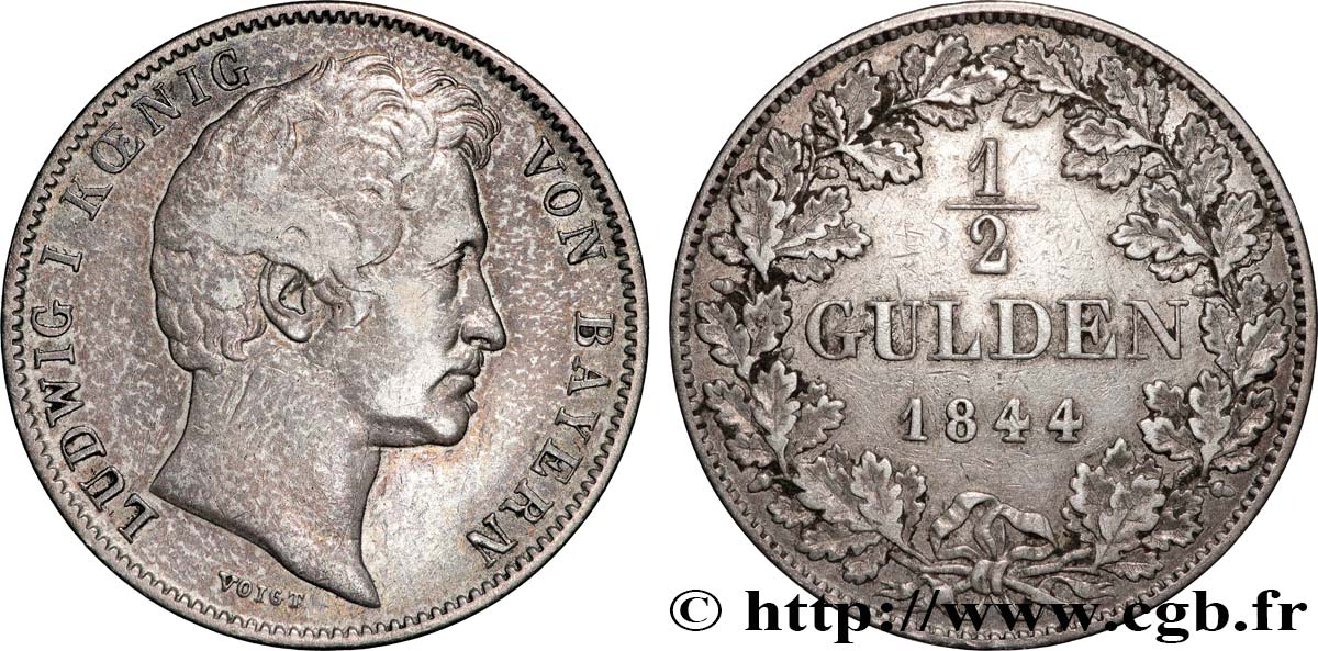 ALLEMAGNE - BAVIÈRE 1/2 Gulden Louis Ier 1844 Munich TTB 