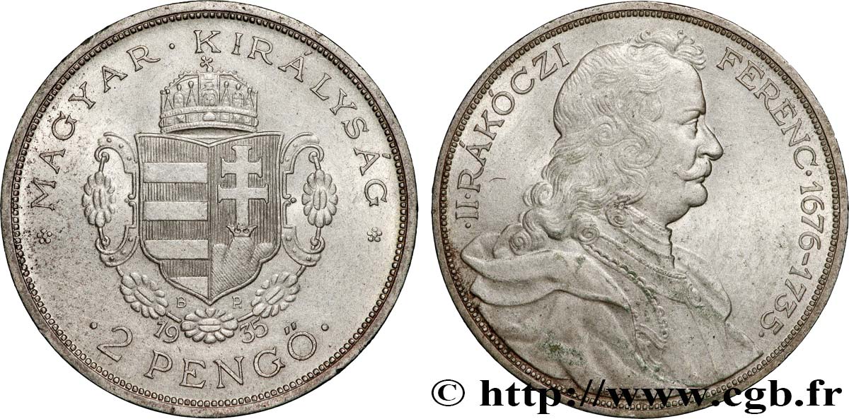 HUNGRíA 2 Pengo 300e anniversaire de François II Rákóczi 1935 Budapest MBC+ 