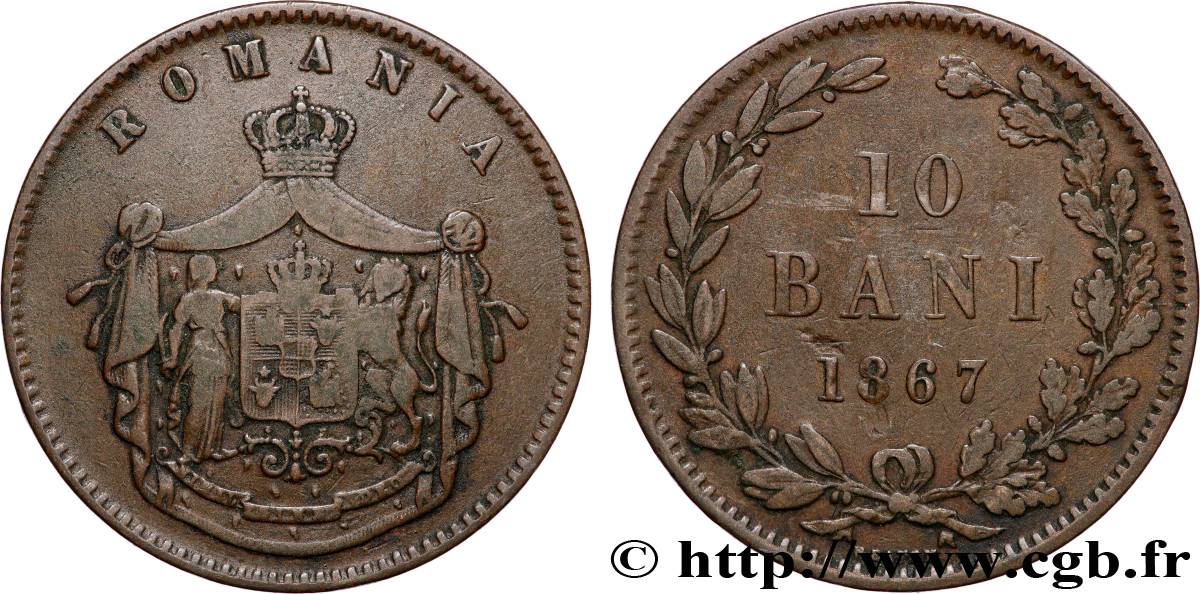 ROMANIA 10 Bani armes 1867 Heaton VF 