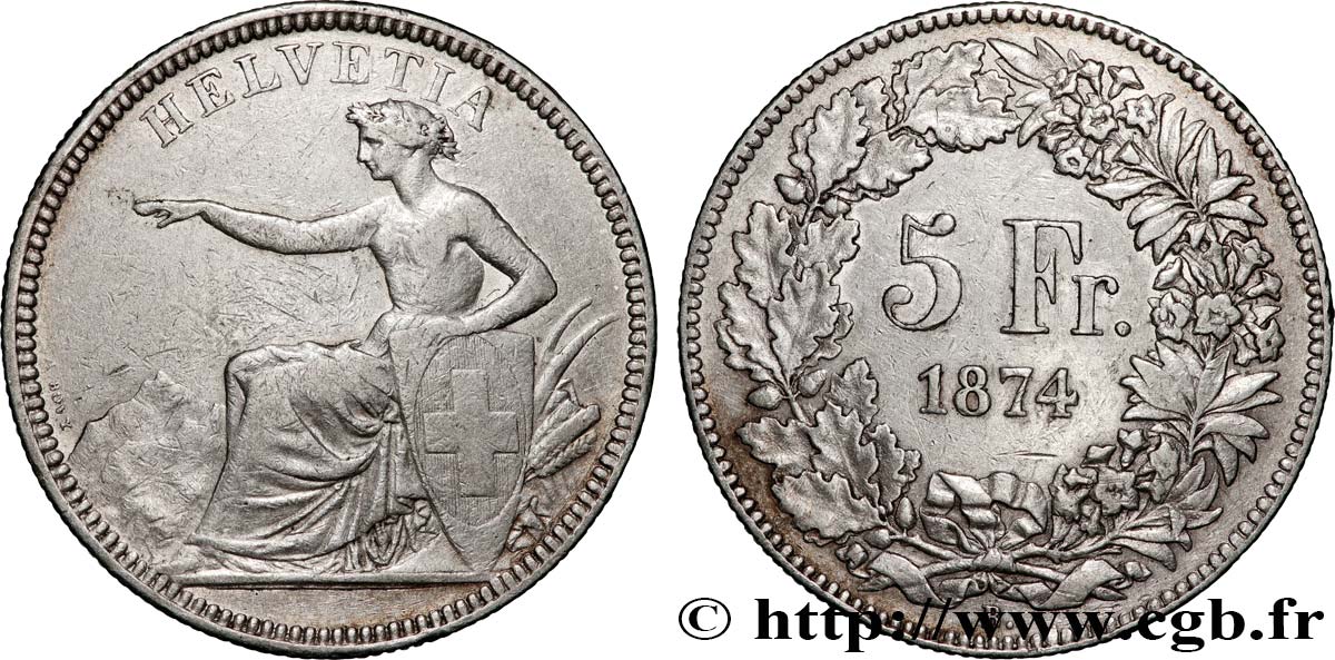 SUISSE 5 Francs Helvetia assise 1874 Bruxelles TTB 