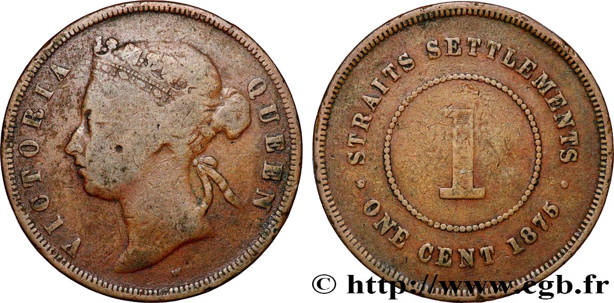 MALAISIE - ÉTABLISSEMENTS DES DÉTROITS 1 Cent Straits Settlements Victoria 1875 Londres TB 