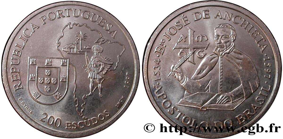 PORTUGAL 200 Escudos Jésuite José de Anchieta / carte de l’Amérique du Sud 1997  EBC 