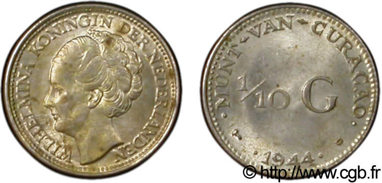 CURAZAO 1/10 Gulden reine Wilhelmina 1944 Denver - D EBC 