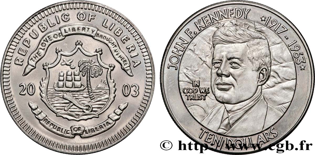 LIBERIA 10 Dollars BE armes / John F. Kennedy 2003  SPL 