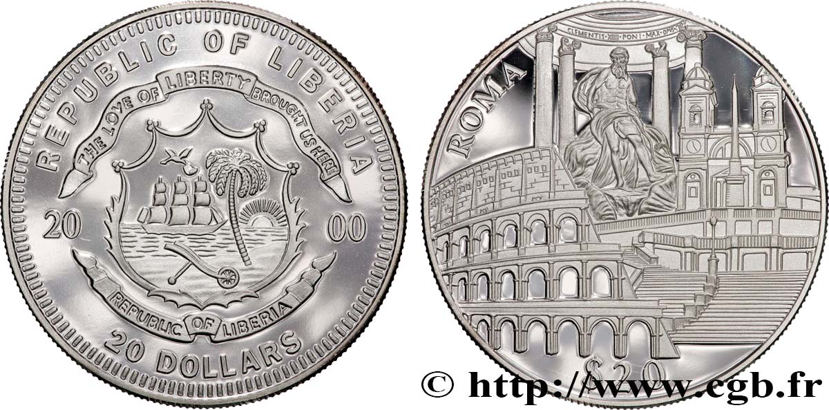 LIBERIA 20 Dollars Proof Monuments de Rome 2000  FDC 