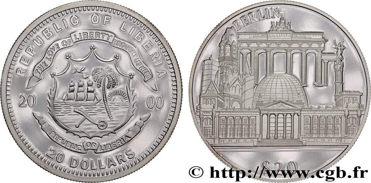 LIBERIA 20 Dollars Proof Monuments de Berlin 2000  FDC 