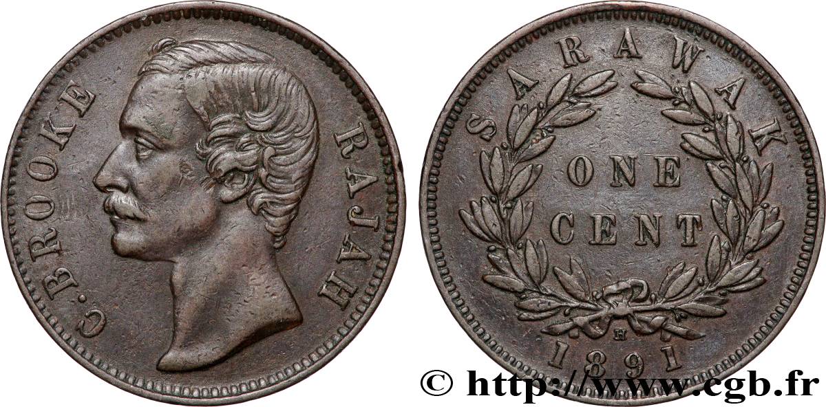 SARAWAK 1 Cent Sarawak Rajah J. Brooke 1891 Heaton XF 
