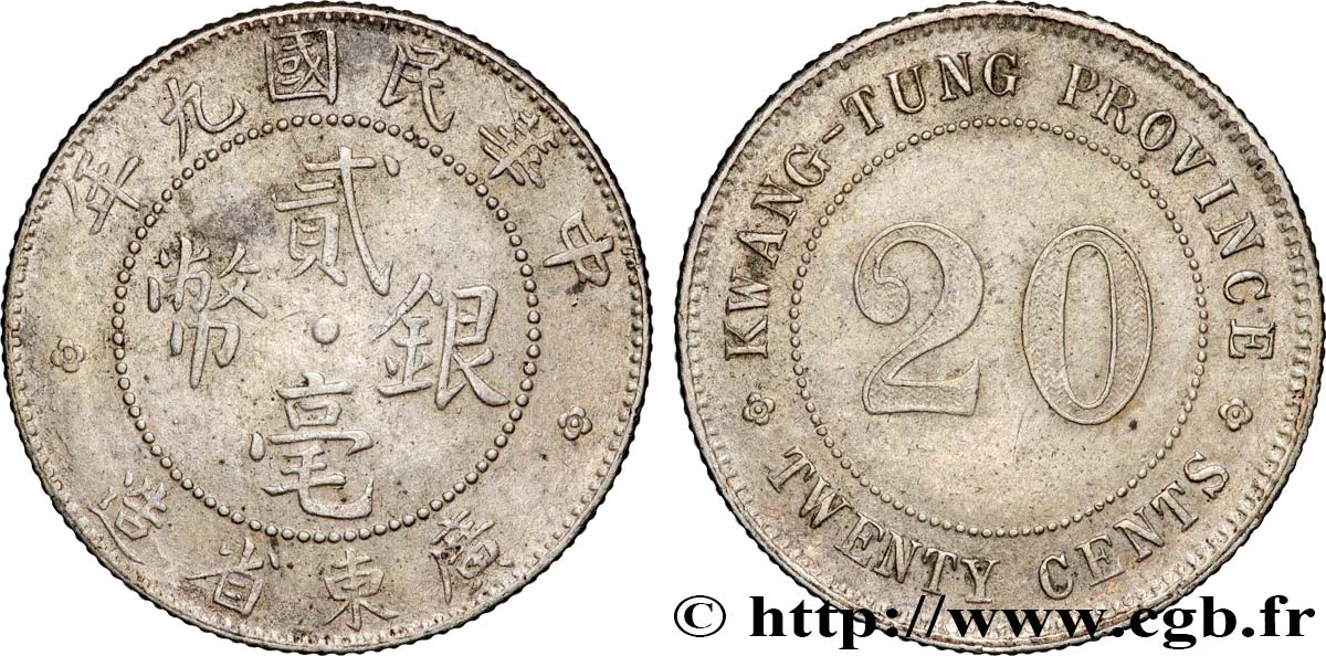 CHINE 20 Cents Province de Kwangtung  an 9 de la République (1920)  TTB 