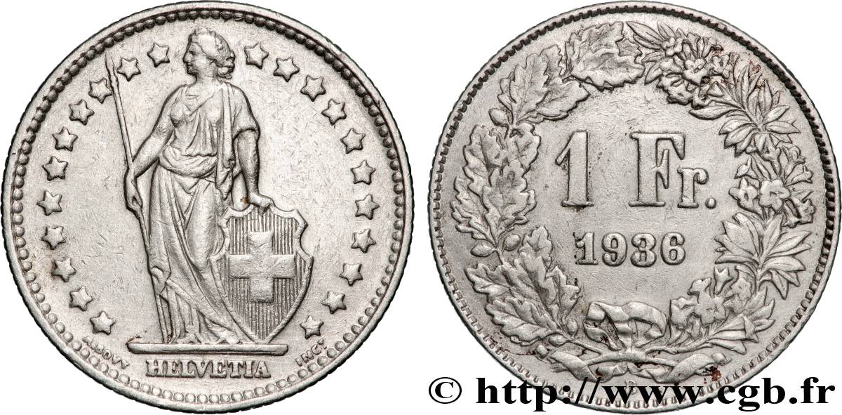 SWITZERLAND 1 Franc Helvetia 1936 Berne - B XF 