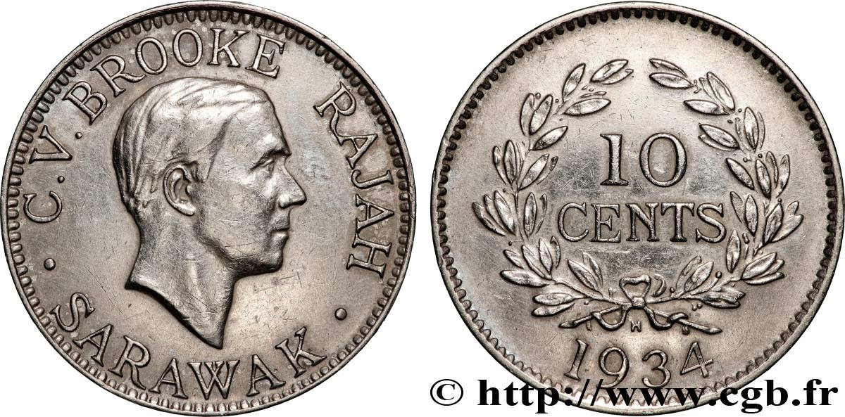 SARAWAK 10 Cents Sarawak Rajah C.V. Brooke 1934 Heaton - H XF 