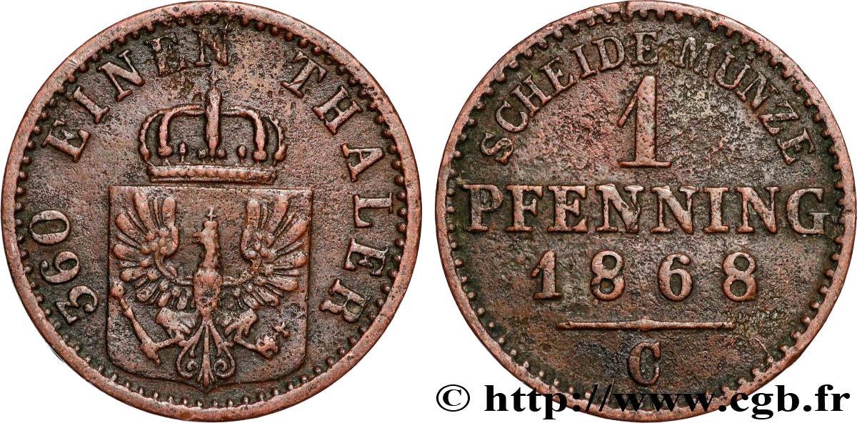 GERMANY - PRUSSIA 1 Pfenninge Royaume de Prusse 1868 Francfort - C XF 