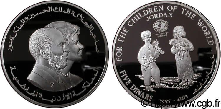 JORDANIEN 5 Dinars buste de Hussein et de la reine Noor / Unicef, enfants du Monde 1999  ST 
