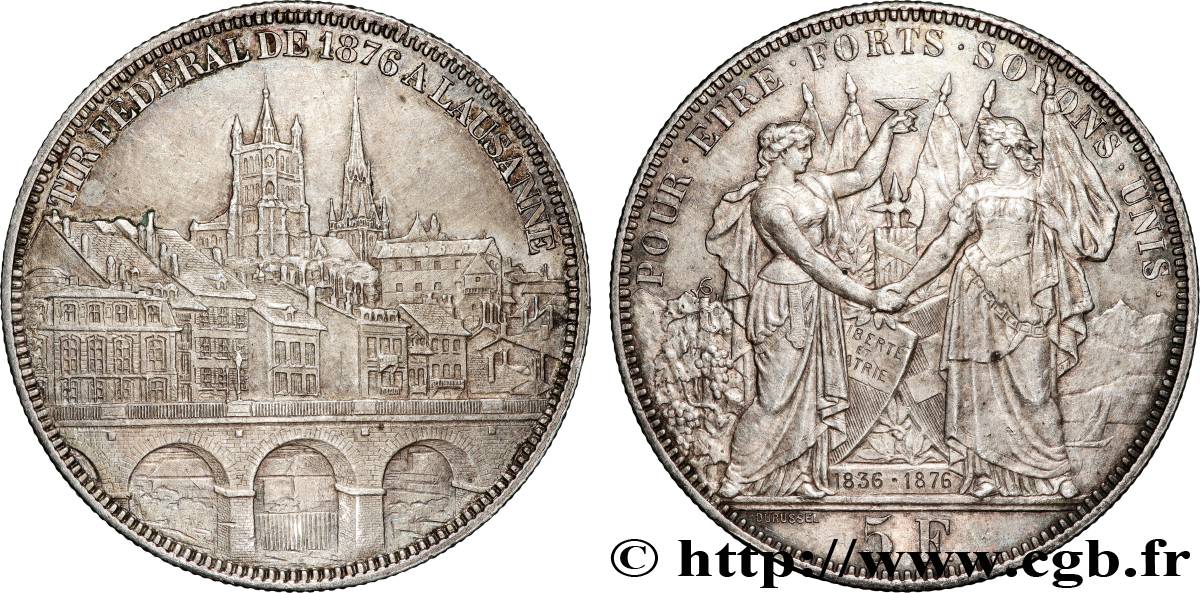 SCHWEIZ 5 Francs, monnaie de Tir, Lausanne 1876  fVZ 