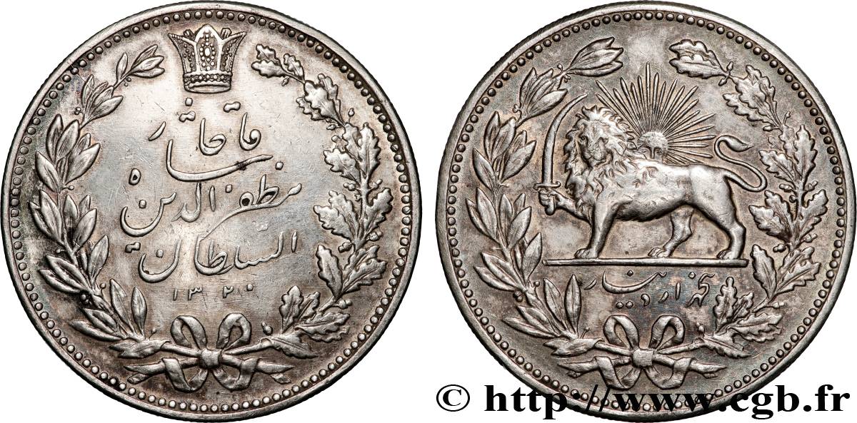 IRAN 5000 Dinars (5 Kran) frappe pour Muzaffar al-Din Shah AH 1320 (1902)  fVZ 