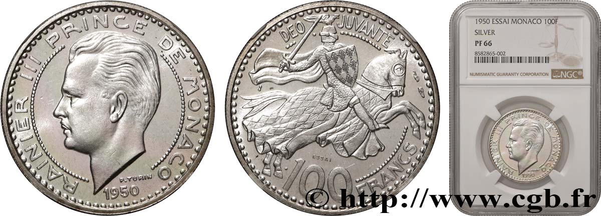 MONACO - PRINCIPAUTÉ DE MONACO - RAINIER III Essai de 100 Francs Proof argent 1950 Paris FDC66 NGC