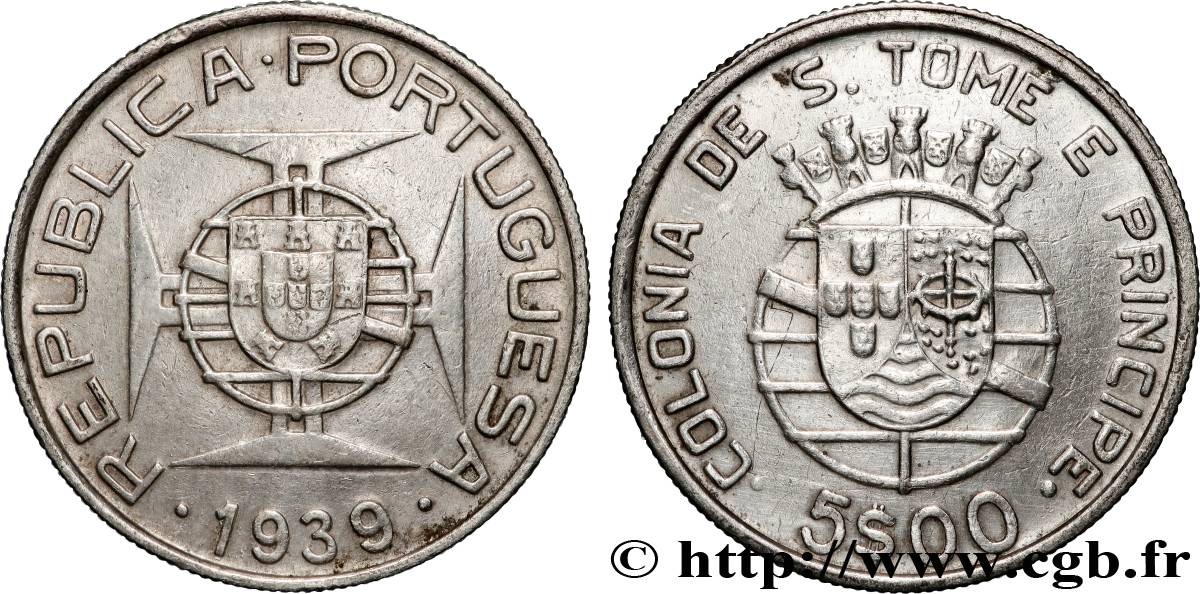 SAO TOME E PRINCIPE 5 Escudos colonie portugaise 1939 Lisbonne XF 