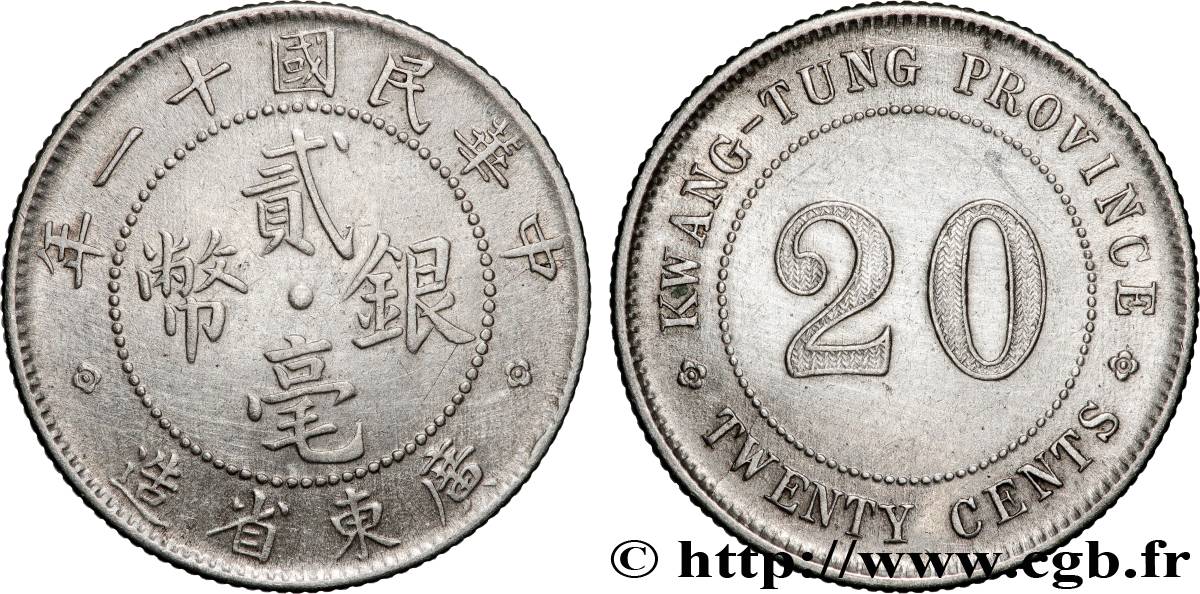 CHINA 20 Cents Province de Kwangtung  an 11 de la République (1922)  SS 
