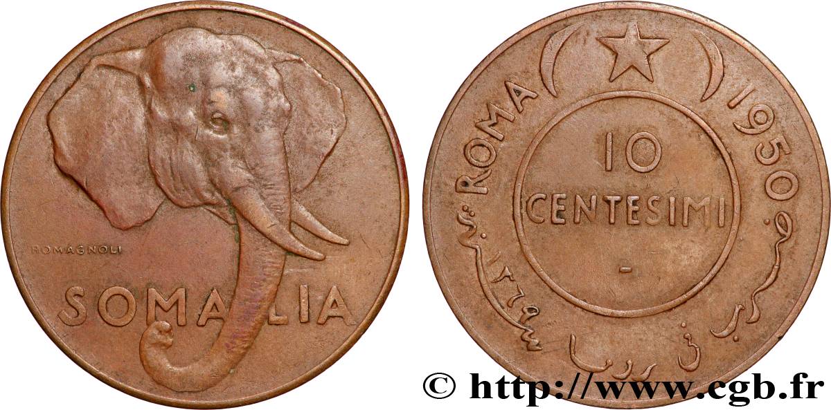 SOMALIE ITALIENNE 10 Centesimi éléphant 1950 Rome TTB 