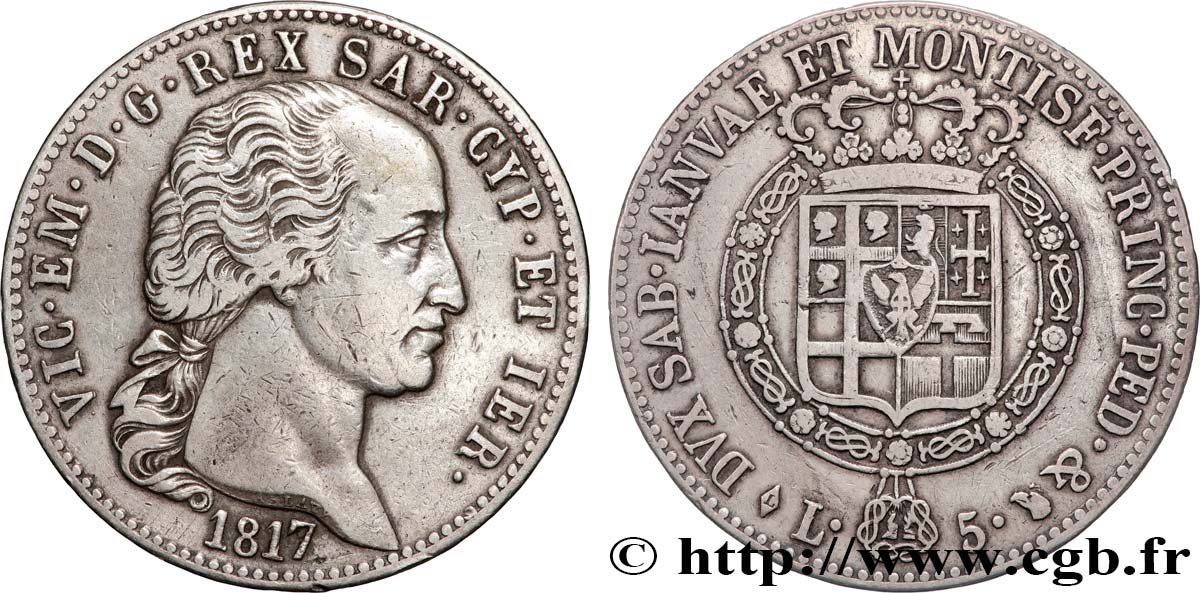 ITALIE - ROYAUME DE SARDAIGNE - VICTOR-EMMANUEL Ier 5 Lire 1817 Turin TTB 