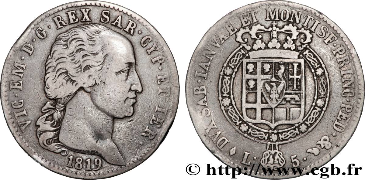 ITALIE - ROYAUME DE SARDAIGNE - VICTOR-EMMANUEL Ier 5 Lire  1819 Turin TB+ 