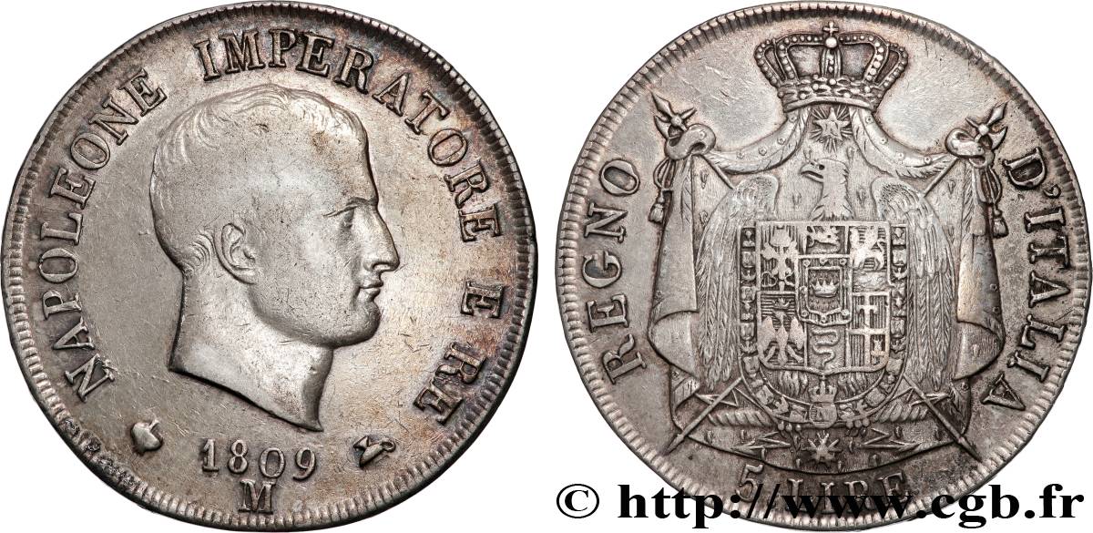 ITALIA - REGNO D ITALIA - NAPOLEONE I 5 Lire 1809 Milan q.BB 