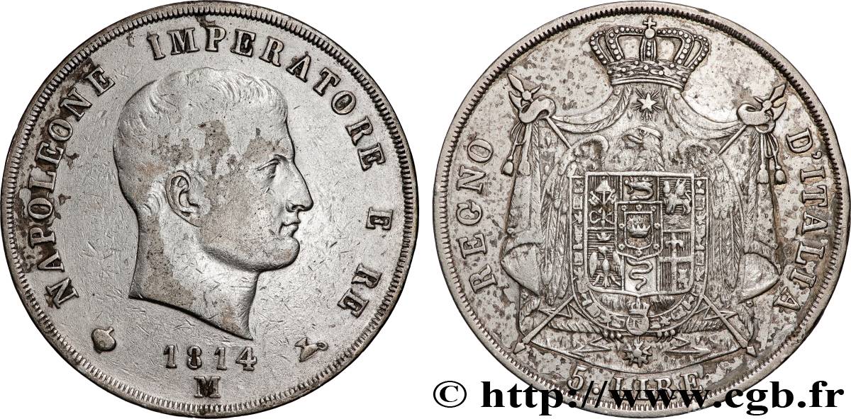 ITALIE - ROYAUME D ITALIE - NAPOLÉON Ier 5 Lire 1814 Milan TB+ 