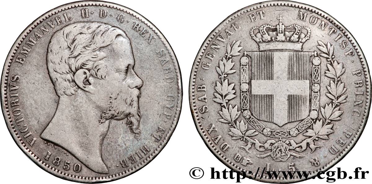 ITALY - KINGDOM OF SARDINIA - VICTOR-EMMANUEL II 5 Lire  1850 Turin VF 