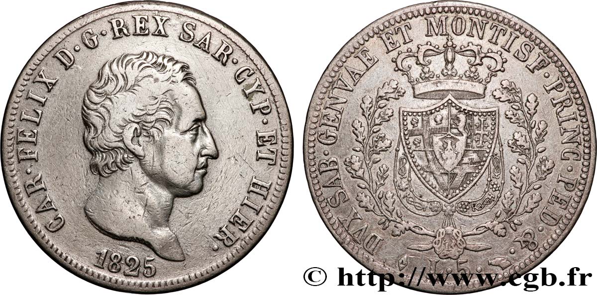 ITALIEN - KÖNIGREICH SARDINIEN -  KARL FELIX 5 Lire  1825 Turin fSS 