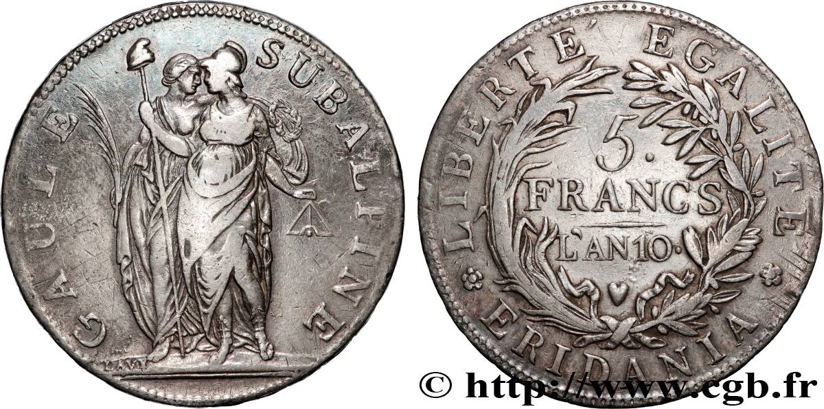 ITALIE - GAULE SUBALPINE 5 Francs an 10 1802 Turin TTB 